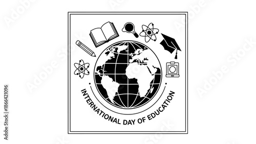 International Day of Education global learning frame with academic symbols on isolated white background