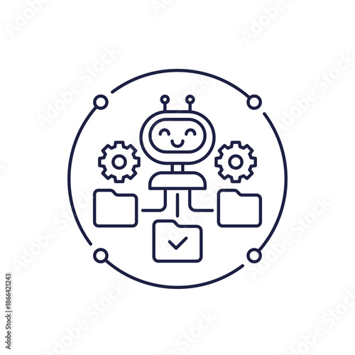 AI agent icon, artificial intelligence for tasks automation line design with robot and folders