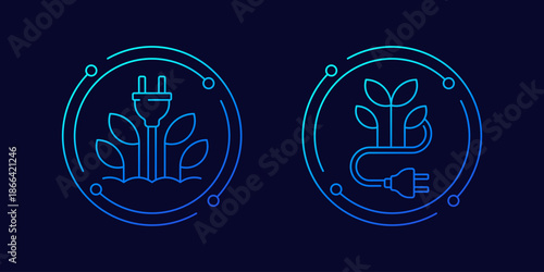 bioenergy, renewable energy icons with electric plug, linear design