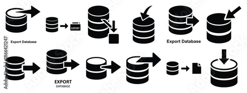 Minimalist black silhouette of a export database vector icon set.