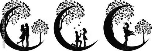 Black and white romantic crescent moon illustration set, silhouettes of couples embracing, proposing, and lifting, whimsical heart leaf trees, vector.
