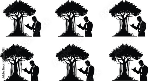 Suited figure with bird under tree, nature contemplation silhouette, black vector art, harmony with environment, symbolic connection illustration