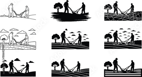 Traditional farmers plowing field silhouette, teamwork in agriculture, black vector art, rural labor scene, cultural farming illustration