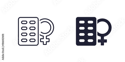 Estrogen therapy icon with pills, line and solid design on white