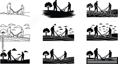 Traditional hand-plowing farmers in field, teamwork silhouette scene, black vector art, rural agriculture labor, cultural farming illustration