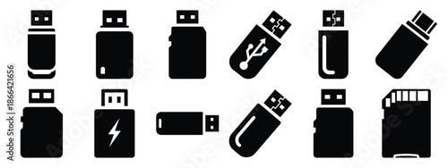 Minimalist black silhouette of a flash storage vector icon set.
