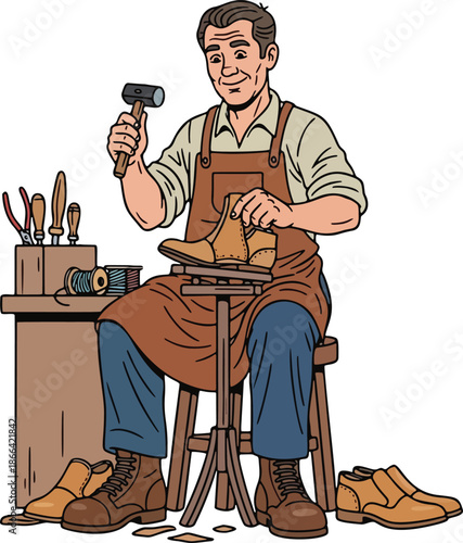 Traditional Shoemaker Repairing Leather Shoes