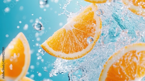Wallpaper Mural Citrus Splash: Vibrant orange slices burst through clear water droplets, capturing the freshness and zest of nature's citrus delight. Torontodigital.ca