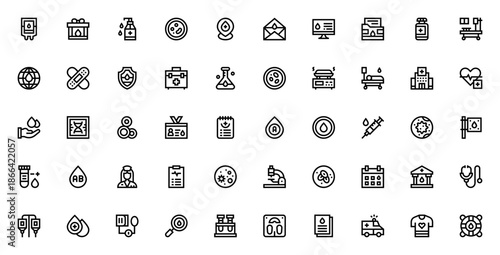 Blood donation icon set. Medical vector icons pack. Includes symbols for blood bag, syringe, transfusion, hospital, nurse, heart, test tube, ambulance and more. Editable stroke.
