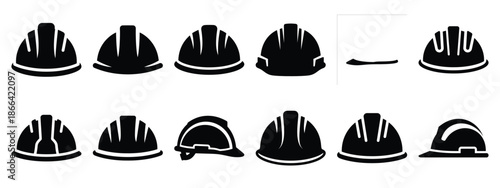 Minimalist black silhouette of a hard hat vector icon set.