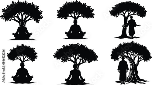 Meditative figure under tree silhouette, mindfulness and nature connection pose, black vector art, peaceful contemplation scene illustration