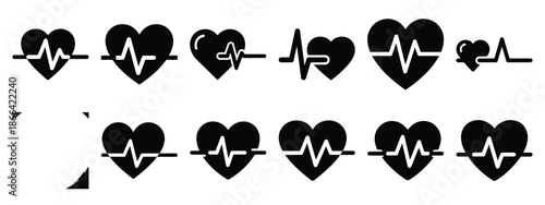 Minimalist black silhouette of a heart rate vector icon set.
