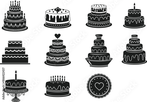 Cake silhouette icon set featuring birthday wedding and celebration desserts isolated on white background bakery vector illustration design