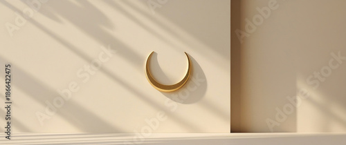 Luxury Islamic background with golden crescent moon, stars, and elegant shadows for Shab-E-Meraj greetings, Ramadan, and Eid celebrations with minimalist aesthetic and copy space.