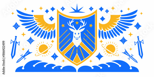 A vibrant heraldic emblem featuring a stag wings and celestial elements