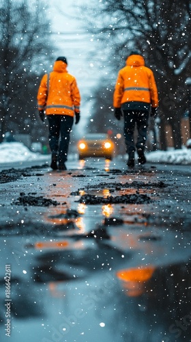 Workers walk on a snowy street while rain falls and a vehicle drives past on a winter day