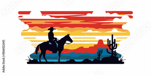 A lone cowboy silhouetted against a vibrant desert sunset landscape