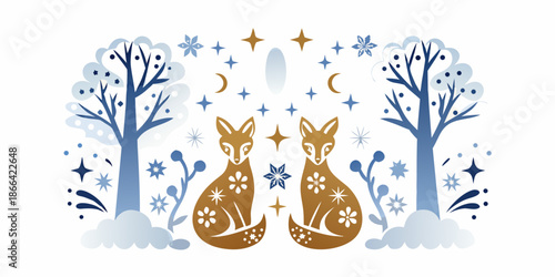 Winter scene with two foxes and stylized trees under a starry night