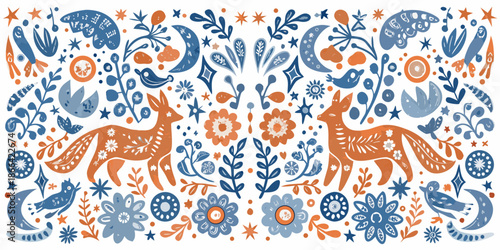 Folk art illustration featuring deer birds flowers and celestial motifs in blue and orange