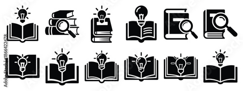 Minimalist black silhouette of a knowledge base vector icon set.