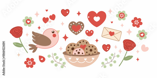 Charming valentine s day illustration with birds hearts flowers and sweet treats