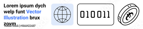 Blockchain technology, digital communication, data transfer, cryptocurrency, coding, internet connectivity. Globe and binary code elements with a cryptocurrency symbol. Blockchain technology