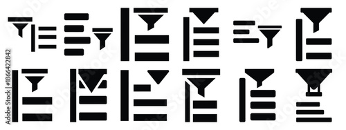 Minimalist black silhouette of a list filter vector icon set.