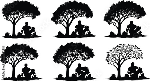 Firefighter resting under tree silhouette, reflective uniform pose, helmet beside figure, black vector art, tribute and reflection scene