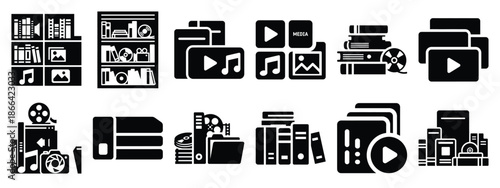 Minimalist black silhouette of a media library vector icon set.