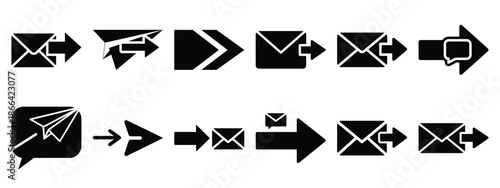 Minimalist black silhouette of a message forward vector icon set.