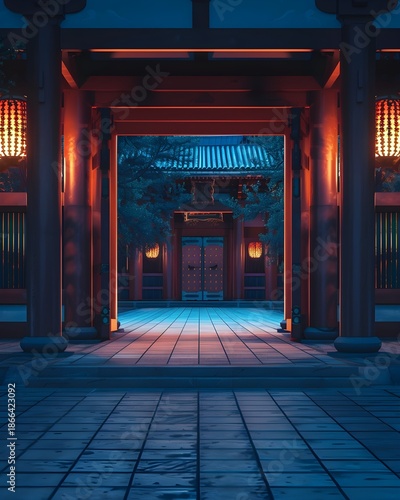 Illuminated Asian Gate, isolated on transparent background