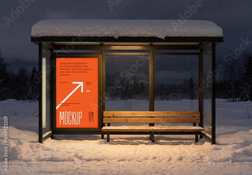 Template Mockup Outdoor Bus Stop Poster Advertising Branding and Identity in Winter Night Scene