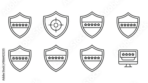 Representing cybersecurity with shield icons, password symbols, target, and digital device illustration, ideal for IT security branding, online safety graphics, network protection,