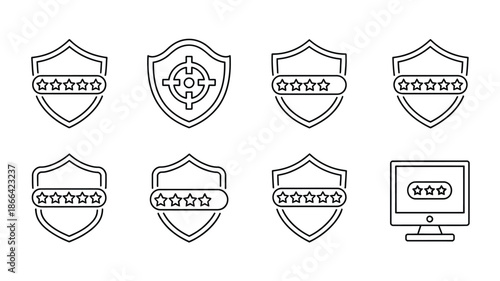 Representing cybersecurity, featuring shields with password symbols, a target, and a digital device, perfect for online security graphics, data protection visuals, IT safety illustrations, 