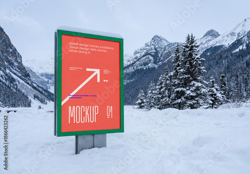 Template Mockup Outdoor Billboard Poster Advertising Branding and Identity in Winter Snow Landscape