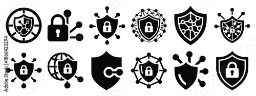 Minimalist black silhouette of a network secure vector icon set.