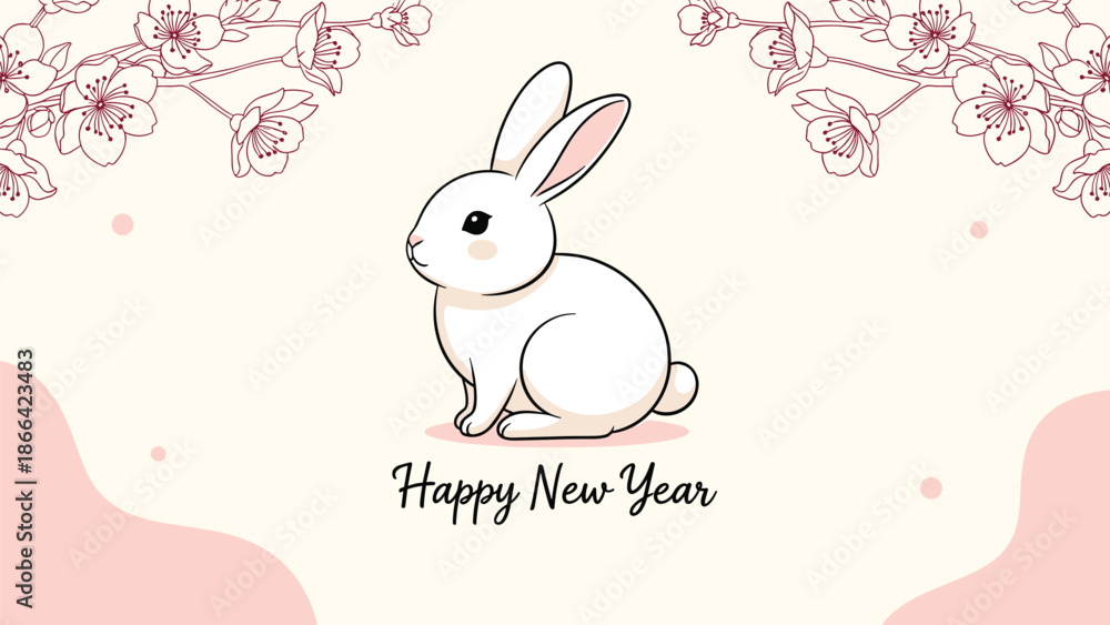 Fototapeta premium Happy new year greeting card featuring a charming white rabbit sitting under cherry blossom branches in a soft pink background.
