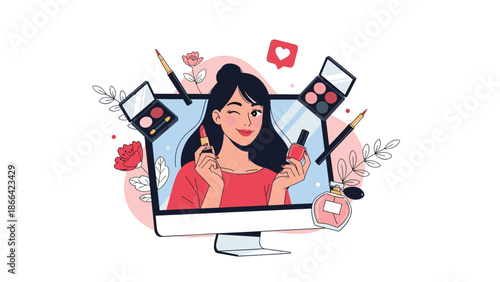 Content creator woman appearing on a computer monitor surrounded by various makeup products like lipstick, perfume, and palettes.