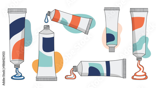 Set of colorful paint or cosmetic tubes with abstract patterns squeezing out vibrant substances for creative design concepts.
