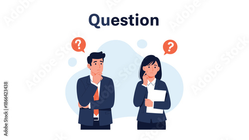 Male and female business professionals looking confused and thoughtful under a large question text on a clean soft background.