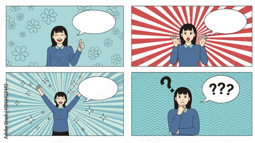 Comic style panels showing a young girl with different facial expressions like joy, shock, victory, and thoughtful contemplation.