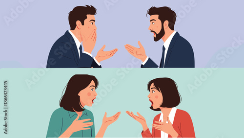 Expressive character set of men and women in business attire having shocked and heated discussions with dramatic hand gestures.