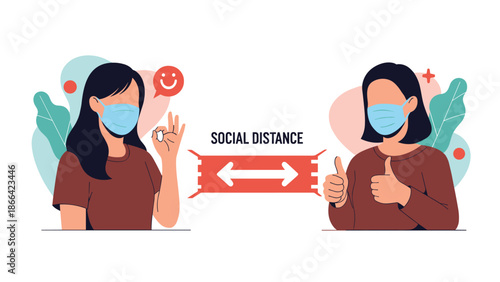 Two women wearing medical masks practicing social distancing and giving positive hand signals during a pandemic health safety scene.