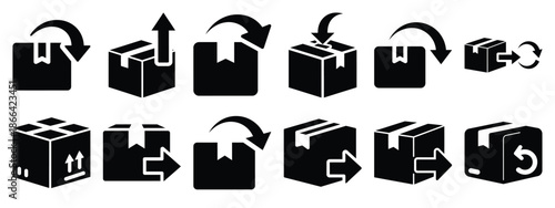 Minimalist black silhouette of a package return vector icon set.