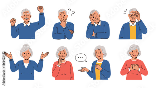 Elderly man and woman character set showing a wide range of emotions including happiness, confusion, sadness, and gratitude.