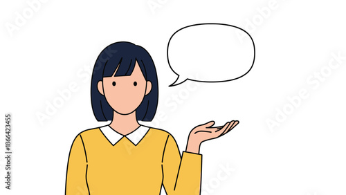 Simple illustration of a woman in a yellow shirt with a blank speech bubble pointing toward an invisible subject for messaging.