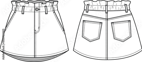 PrintTechnical fashion sketch of denim mini skirt with paperbag waist, front and back view, apparel flat vector drawing, clothing template.