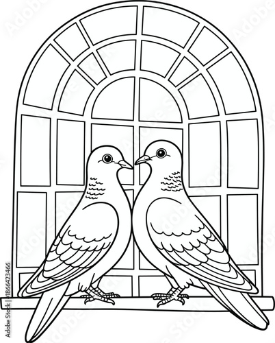 PrintTwo doves sitting on windowsill of arched window, romantic birds line art illustration for coloring book, nature vector, drawing.