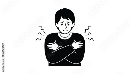 Black and white illustration of a young man shivering with his arms crossed feeling cold or unwell with wavy lines around him.