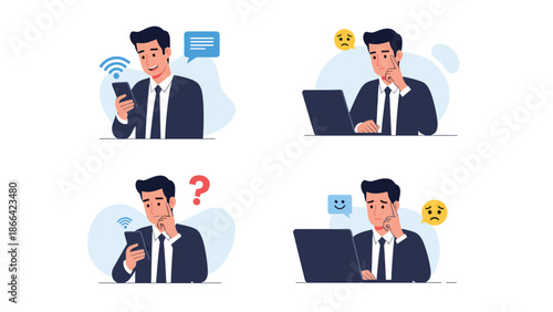 Businessman using his laptop and smartphone while various digital icons like wifi, sadness, and questions appear in the air.